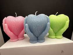 SUE'S CANDLES: SJ - HEART IN HAND CANDLE - ASSORTED COLOURS - PACKAGED - SJ-HH**