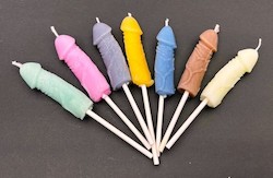 SUE'S CANDLES: SJ - 3 PACK  PENIS CAKE CANDLES  - ASSORTED COLOURS - PACKAGED - SJ-PCC**